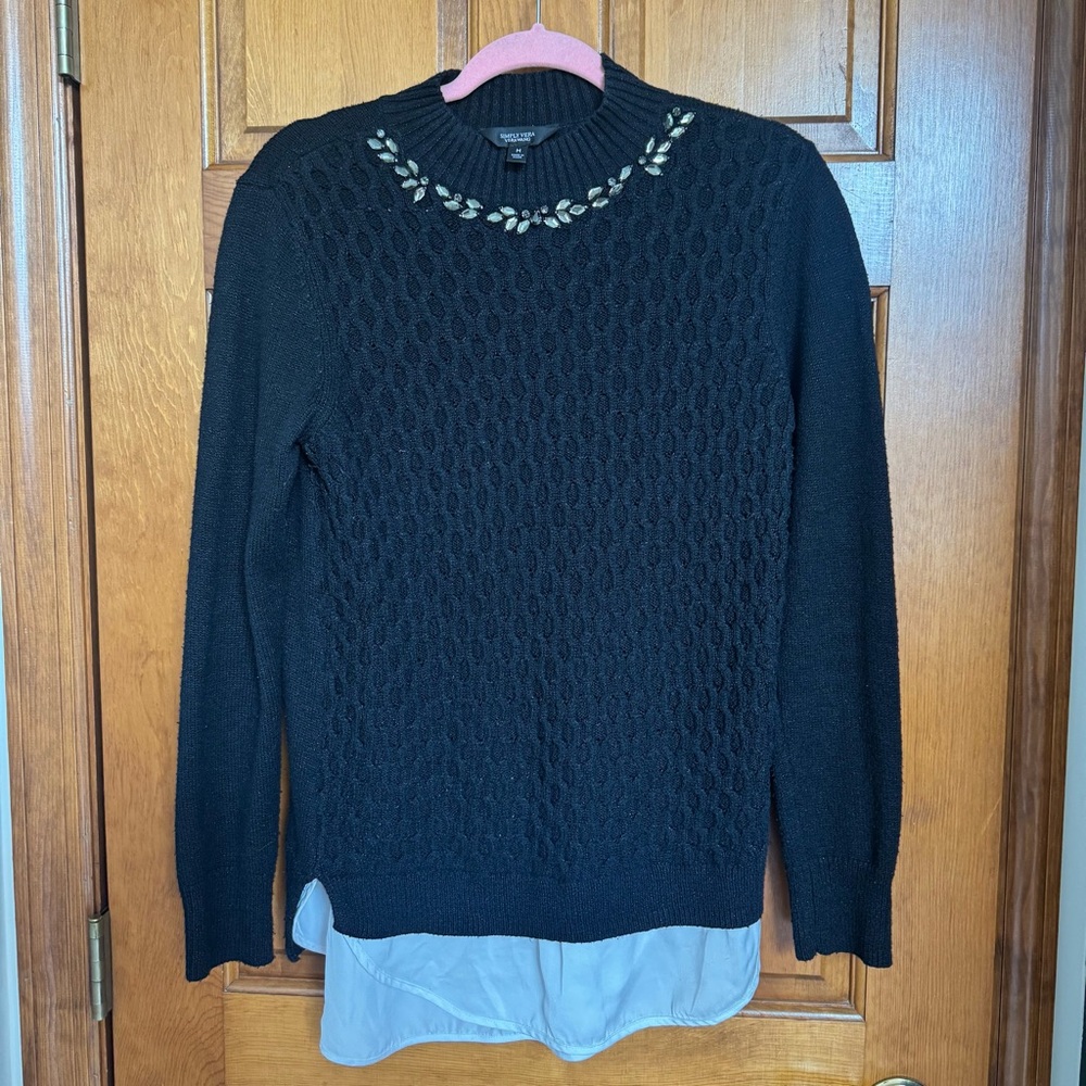 🎀 5 for $25! 🛍️ Simply Vera Black Cable-Knit Crewneck Sweater with Embellishment